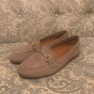Lulu’s Tan/Taupe Loafers with Gold Buckle Detail